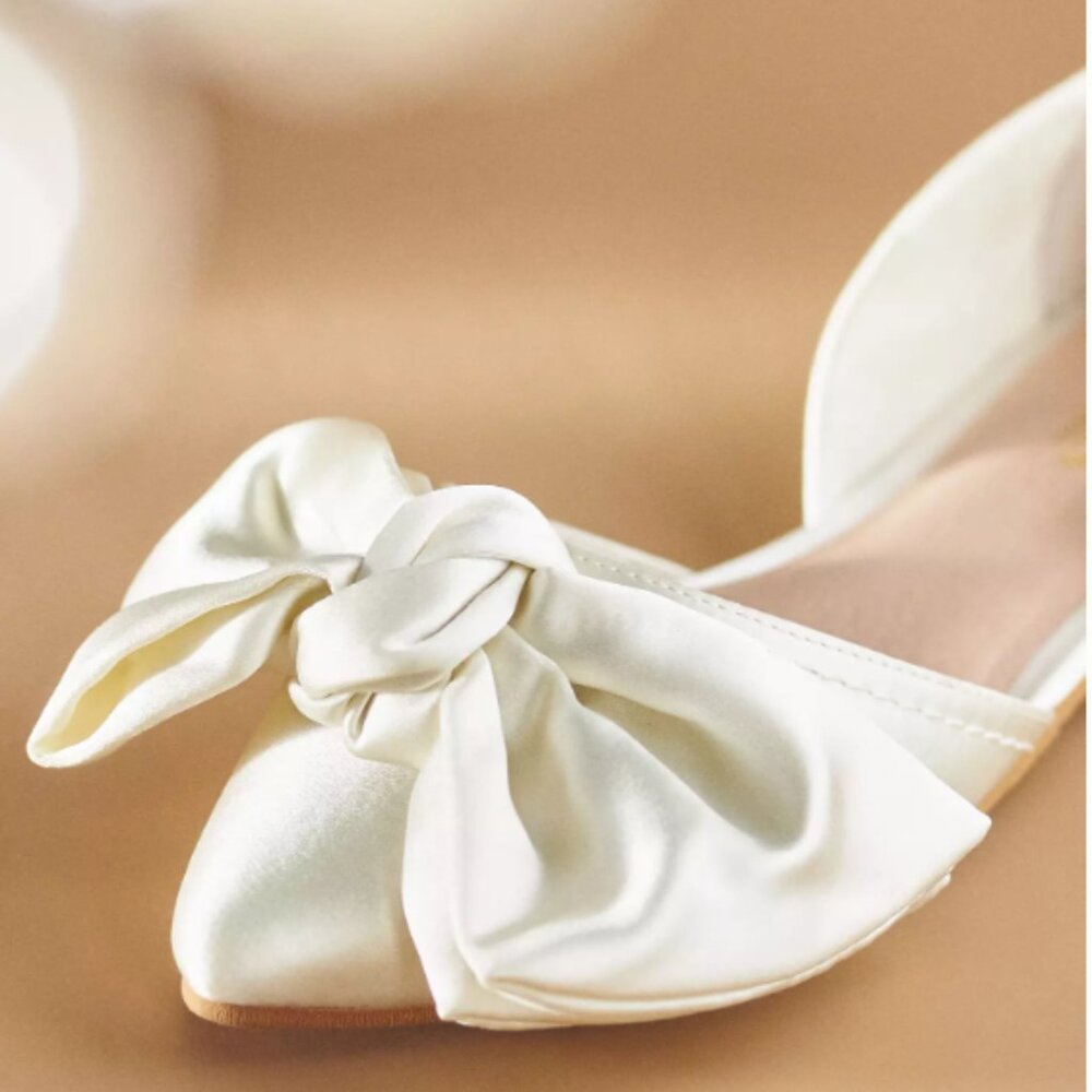 Seychelles Ivory Satin Pointed-Toe Flats with Bow